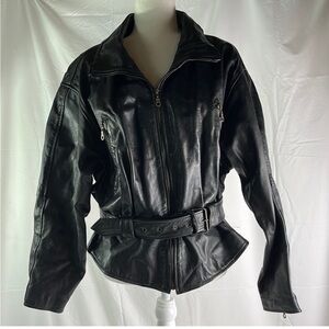 Vintage AVANTI Black Leather Moto Jacket Zip Front Belted Pockets Lined Large